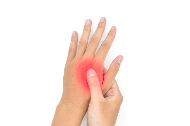 Throbbing pain in palm of Asian young man Concept of cellulitis