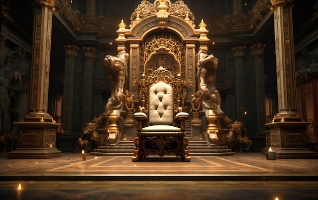 A throne chair in an ornate room