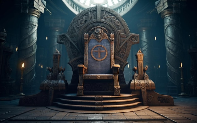 A throne in a dark room with a cross on it.