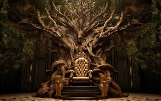 A throne in a forest with a tree on it