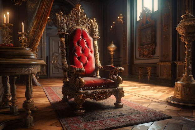 a throne is sitting on a red carpet