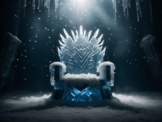 A throne made of ice with large snowflakes in the center and on the sides dark background