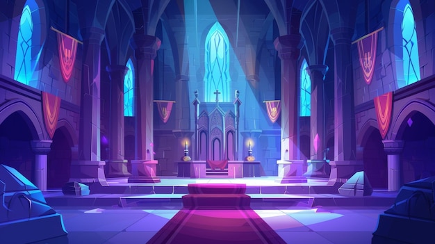 Throne room medieval palace for royal family Flags guards with swords and stone statues Fantasy fairytale pc game Cartoon illustration