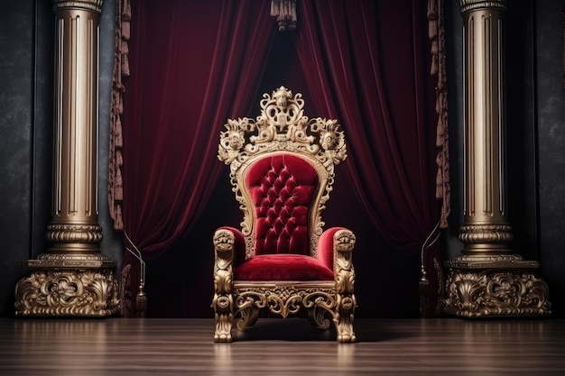 Фото Тронная комната с золотым королевским стулом классический интерьер с красным креслом и золотыми шторами 3d рендеринг ai сгенерирован