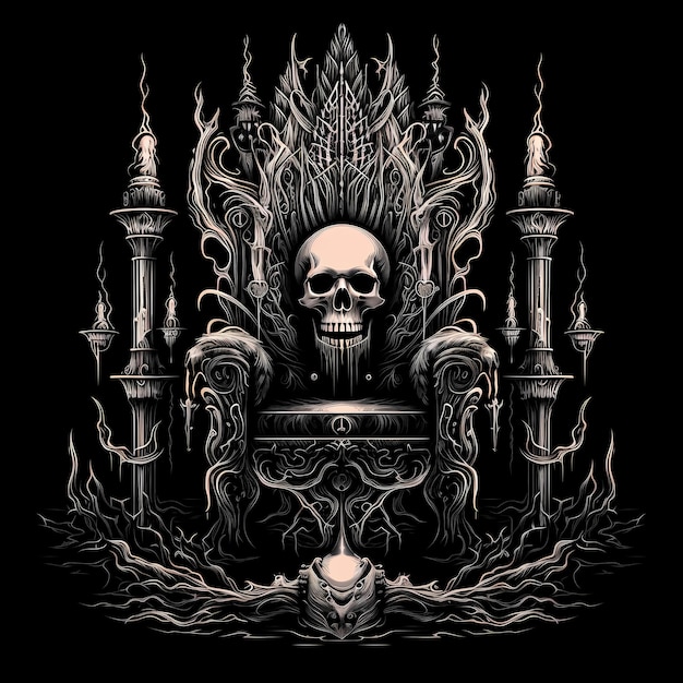 throne and skull tshirt tattoo design dark art illustration isolated on black background