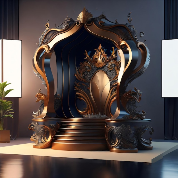 A throne with a gold crown on it