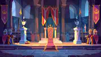 Photo the thrones of the king and queen in the castle hall with flags and guards with swords and stone statues fantasy fairy tale pc game cartoon modern illustration