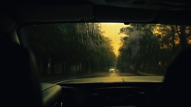 薄暗い天候の中で、濡れた車のフロントガラス越しに木々がぼやけたシルエットとして見えます