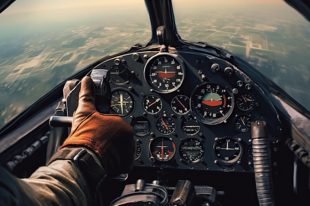 Through the cockpit window a breathtaking view unfolds as the fighter jet pierces through the sky The pilot's hand rests firmly on the control stick Generative AI