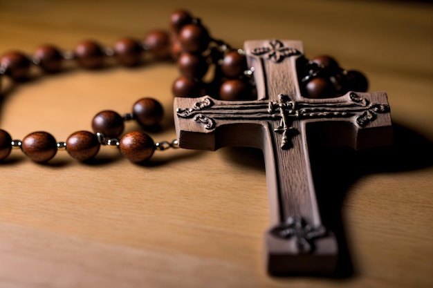 Through macro photography the divine intricacies of a wooden rosary in Christianity are captured