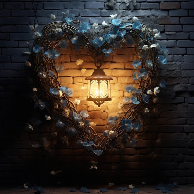 Through an old romantic beautiful brick arch in flowers a lantern in the shape of a heart
