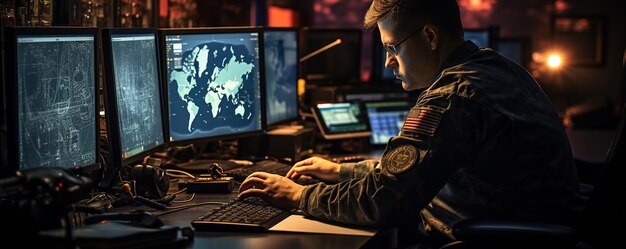 through a tracking operation centred on cyber control and surveillance a military surveillance officer manages national security and army communications from a central office centre