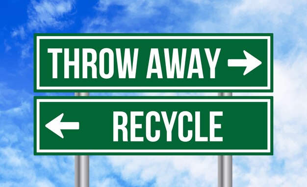 Throw away or recycle road sign on cloudy sky background