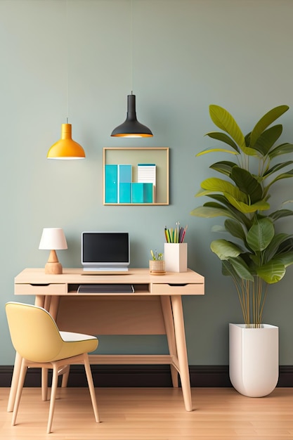 Thuis kantoor creatief bureau met kantoorbenodigdheden en beige muur