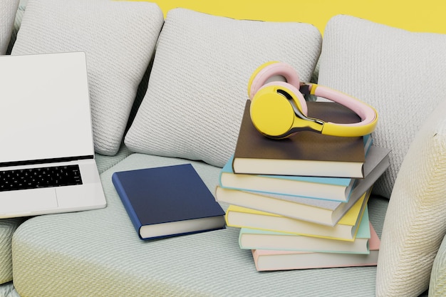 Thuis online leerconcept laptop boeken en koptelefoon op een bank op een gele achtergrond 3D renderen