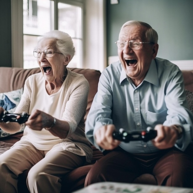 Thuis schreeuwen en gamen senior paar vrienden of mensen spelen videogame of televisie-entertainmentconsole Tv-gamercontroller leuke uitdaging en opgewonden oudere vrouw man of door AI gegenereerde persoon