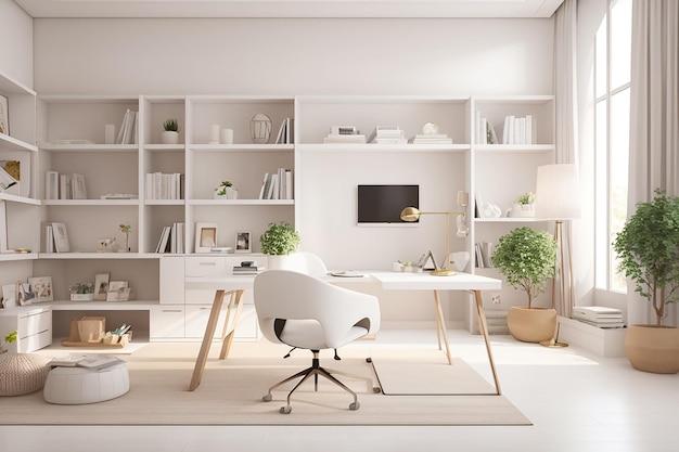 Thuis studeerkamer interieur in wit concept met studie tafelboeken planken en decoraties 3d rendering