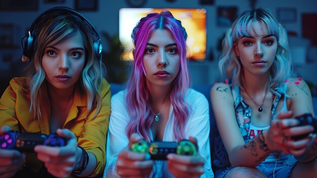 Thuis videogames spelen onder de neonlichten is de ruimte voor meidenmaatjes Genatieve AI