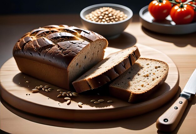 Thuisgemaakt brood van rogge en tarwe met tomaten gezond ontbijt of snack op een houten tafel