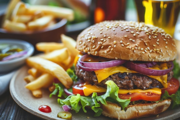 Thuisgemaakte cheeseburger met kaas en groenten geserveerd met friet en salade