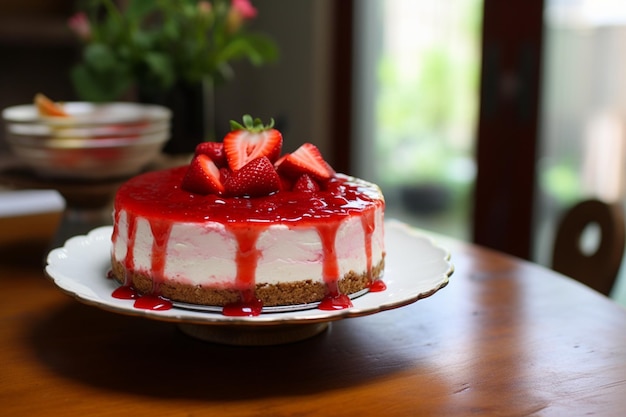 Thuisgemaakte cheesecake met aardbeien op de bakkerij Perfectie