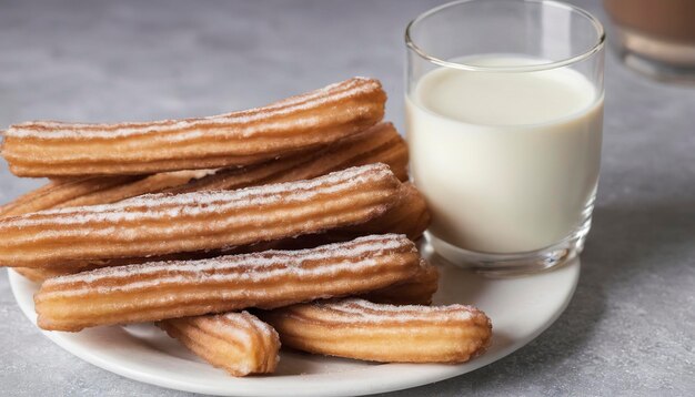 Thuisgemaakte churros met een glas melk.