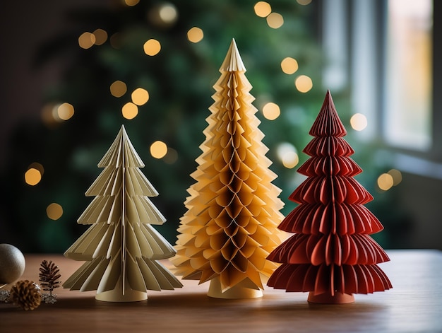 Thuisgemaakte papieren versieringen in de vorm van kerstbomen voor Kerstmis