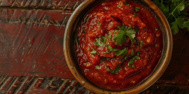 Foto thuisgemaakte tomatensalsa in een kom.