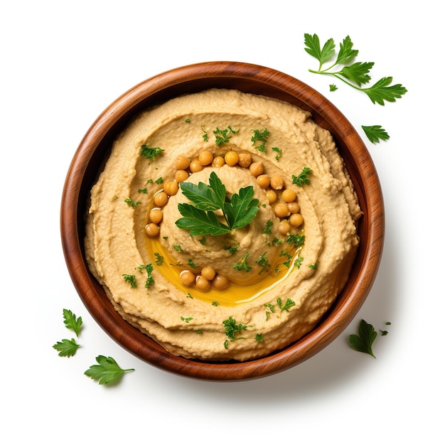 Foto thuisgemaakte traditionele hummus geserveerd op een keramiek bord op een witte achtergrond