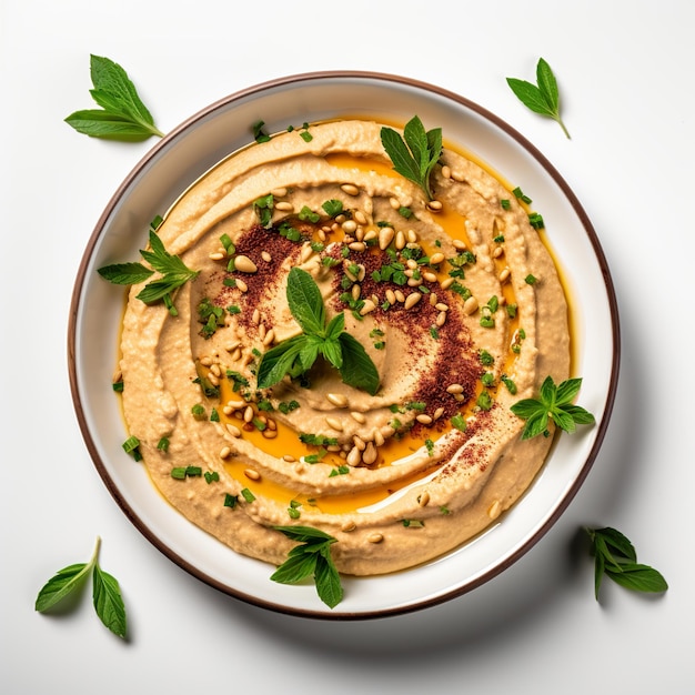 Thuisgemaakte traditionele hummus geserveerd op een keramiek bord op een witte achtergrond