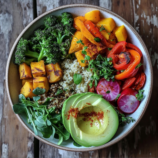 Foto thuisgemaakte veganistische boeddha-bak met quinoa, avocado en geroosterde groenten op een bord