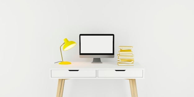 Thuiskantoor computerbureau met lamp en stapel boeken studie en freelance werkconcept 3d-rendering