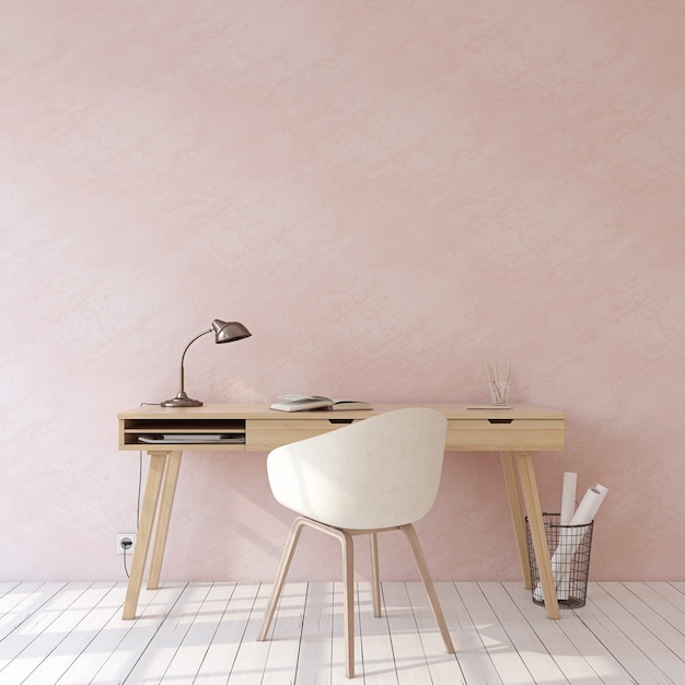 Thuiskantoor. Interieurmodel. Houten bureau in de buurt van lege roze muur. 3D render.