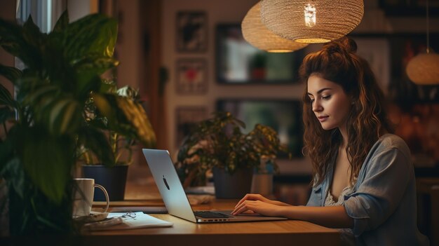 Thuiskantoor jonge vrouw telewerken met laptop thuis