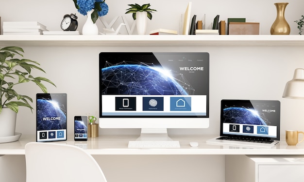 Thuiskantoor opgezet met responsieve apparaten 3d-rendering