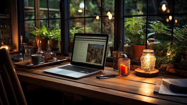 Thuiskantooropstelling met laptop op bureau voor werken op afstand