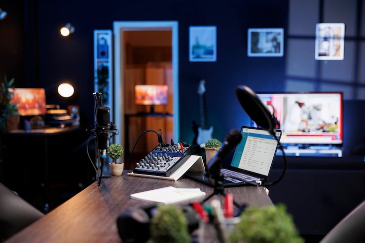 Foto thuisstudio voor het opnemen van podcasts