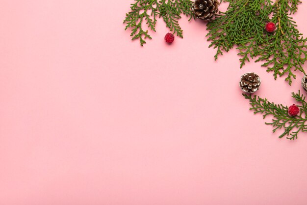 Thuja tak en kerstversiering op roze achtergrond. Bovenaanzicht.