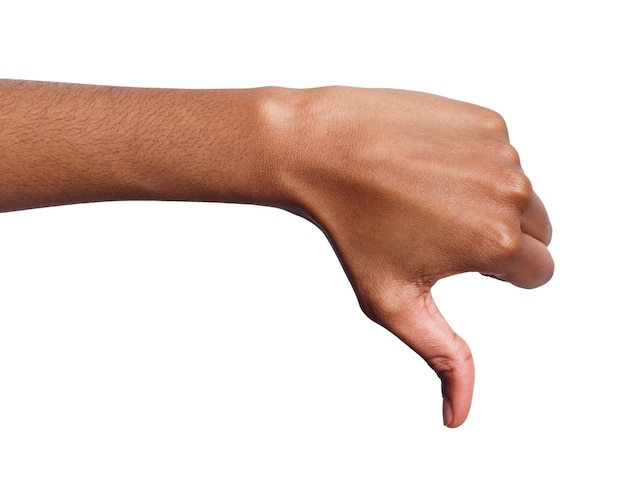 Thumb down sign isolated on white background. Black female hand showing disapproval gesture, dislike, disagree concept