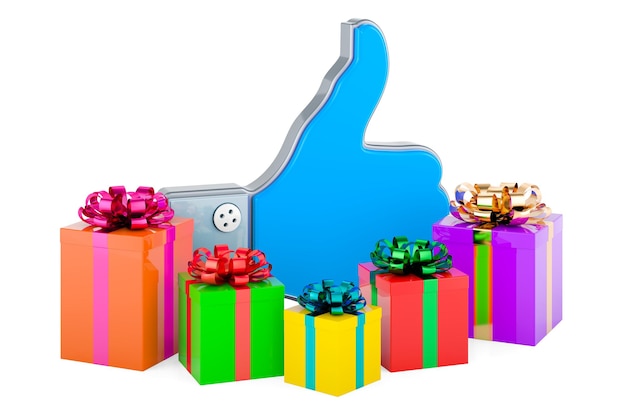 Thumb up symbol with gift boxes 3D rendering