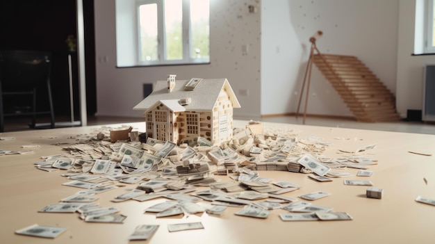 Photo thumbnail of a new house with money scattered on the table ai generative