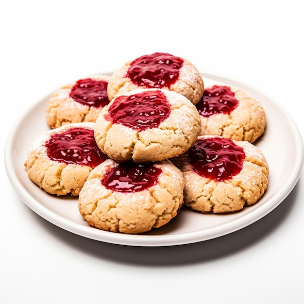 Thumbprint cookies filled with raspberry jam on a plate on isolated white background