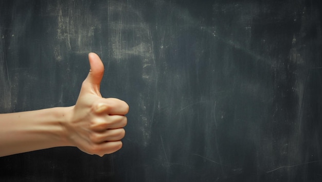 Thumbs up on blackboard a hand doing the like sign on back background with copy space