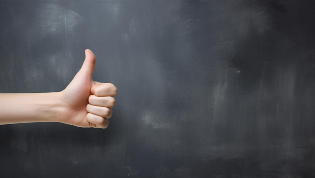 Thumbs up on blackboard a hand doing the like sign on back background with copy space