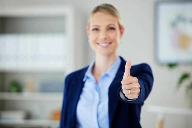 Thumbs up from corporate woman leader or CEO for business success on company vision and mission target goal Thank you motivation and leadership happy management person boss or manager at office