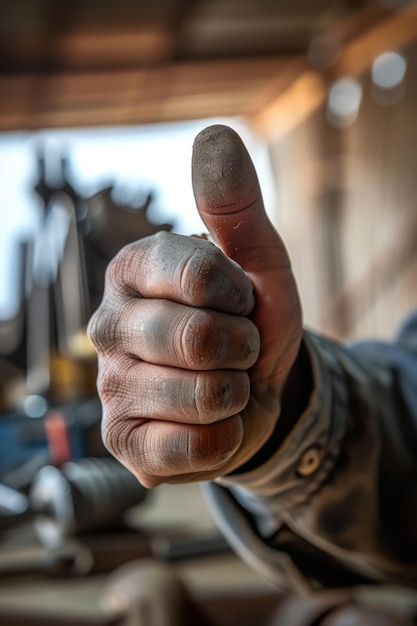 Thumbs up from a dirty hand