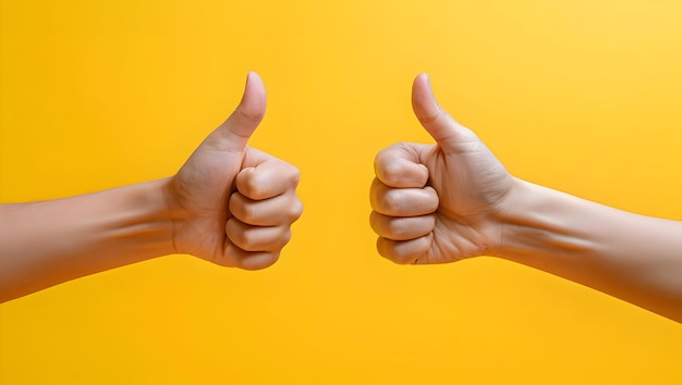 Photo thumbs up gesture with two man hands on yellow background