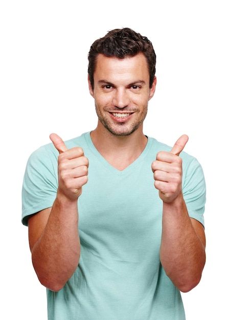 Thumbs up happy and portrait of a man in a studio with success good news and agreement Happiness smile and handsome male model with a yes ok and approval gesture isolated by a white background