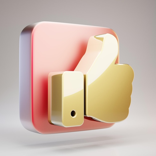 Thumbs Up icon. Golden Thumbs Up symbol on red matte gold plate. 3D rendered Social Media Icon.