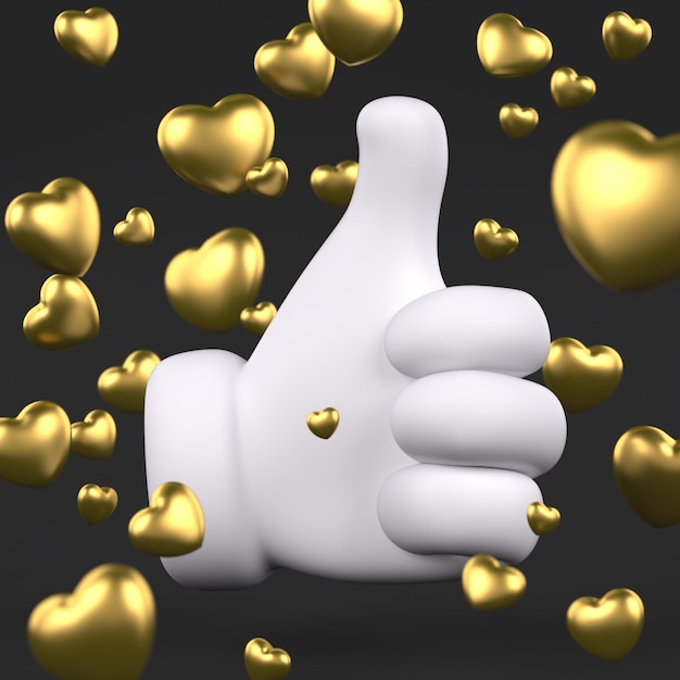 Thumbs up sign Golden hearts 3D rendering illustration